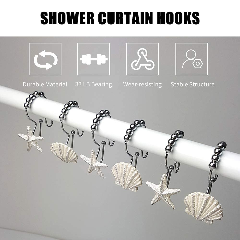 Starfish & Seashell Stainless Steel Rust Resistant Double Hooks Glide Shower Curtain Ring Hangs Holder for Bathroom Home Decor