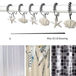 Starfish & Seashell Stainless Steel Rust Resistant Double Hooks Glide Shower Curtain Ring Hangs Holder for Bathroom Home Decor