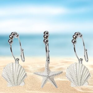 Starfish & Seashell Stainless Steel Rust Resistant Double Hooks Glide Shower Curtain Ring Hangs Holder for Bathroom Home Decor