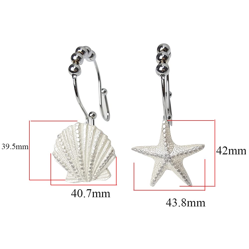 Starfish & Seashell Stainless Steel Rust Resistant Double Hooks Glide Shower Curtain Ring Hangs Holder for Bathroom Home Decor