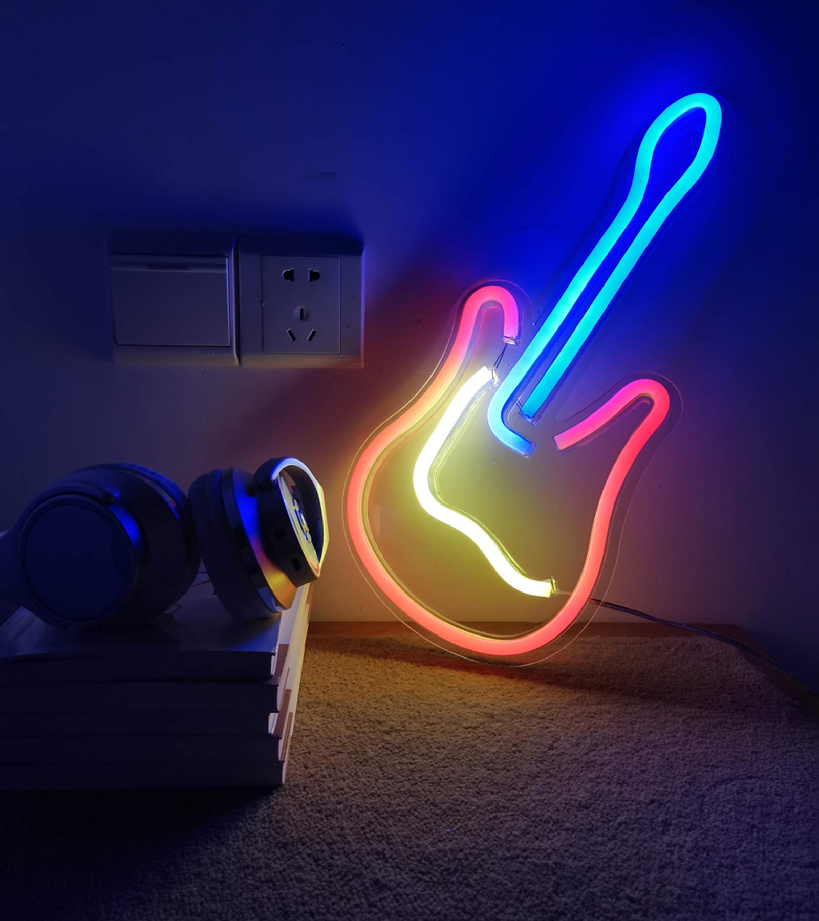 Guitar Neon Sign for Bedroom Art Guitar Decor Neon Lights for Christmas Halloween Wedding Valentine's Day Party Bar Club Home Decoration, Lounge Office Operated by USB