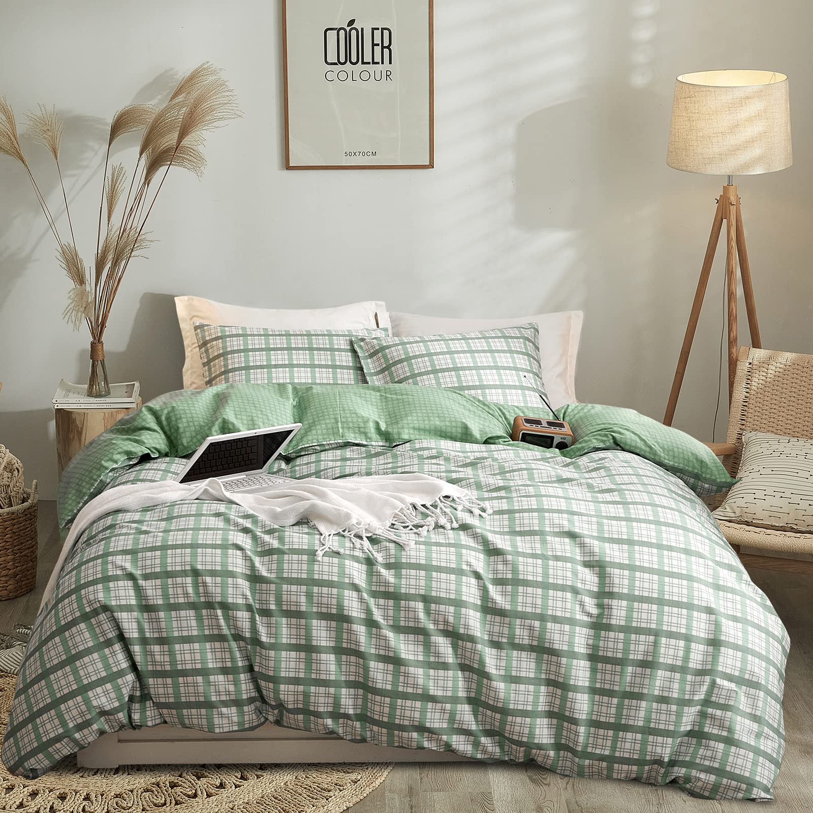 Twin Duvet Cover Green Grid Bedding Kids Geometric Twin Size Duvet Cover Premium Cotton Boys Plaid Cover Twin for Teens Girls 3 Piece Modern Simple Bedding Set Twin with Hidden Zipper, No Comforter