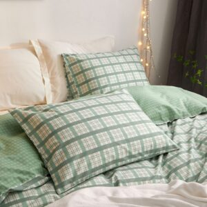 Twin Duvet Cover Green Grid Bedding Kids Geometric Twin Size Duvet Cover Premium Cotton Boys Plaid Cover Twin for Teens Girls 3 Piece Modern Simple Bedding Set Twin with Hidden Zipper, No Comforter