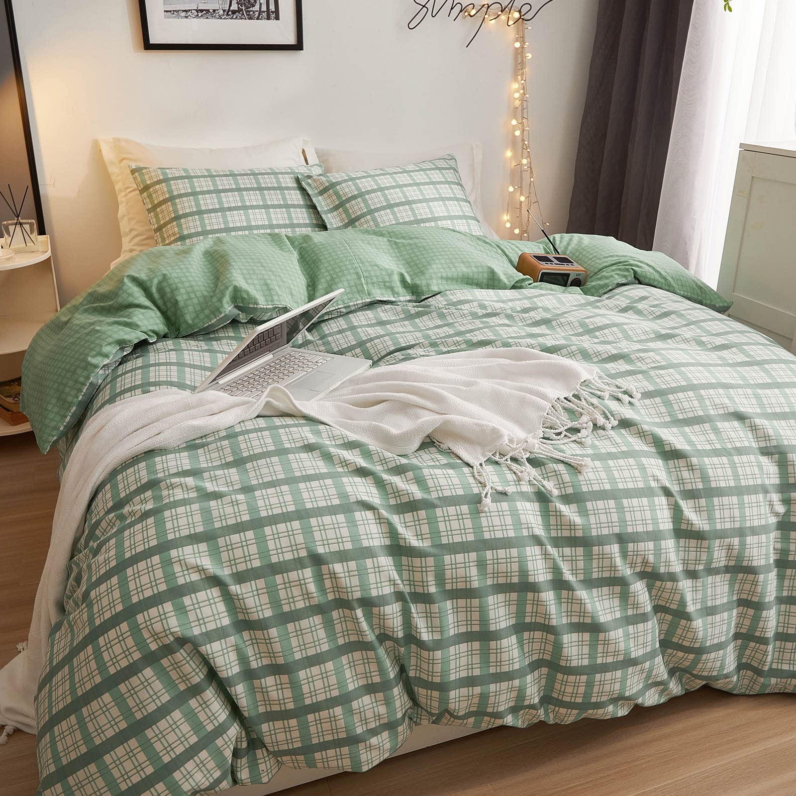 Twin Duvet Cover Green Grid Bedding Kids Geometric Twin Size Duvet Cover Premium Cotton Boys Plaid Cover Twin for Teens Girls 3 Piece Modern Simple Bedding Set Twin with Hidden Zipper, No Comforter