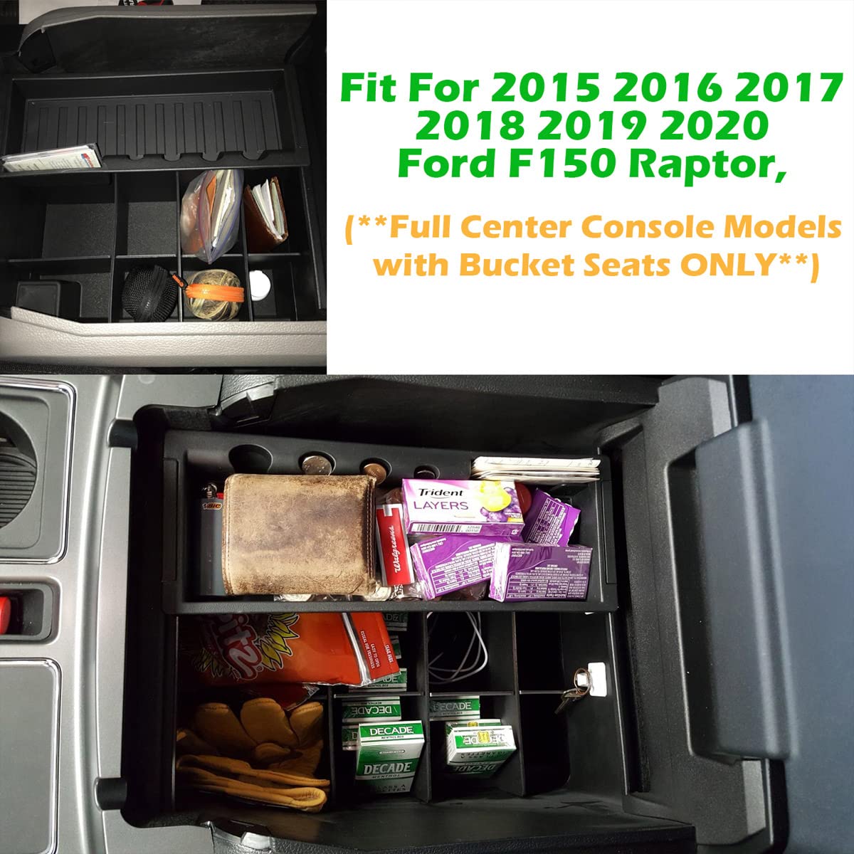 EDBETOS Center Console Organizer Insert Dividers Compatible with Ford F150 Accessories 2015 2016-2019 2020 F-150 Armrest Interlock Secondary Storage ABS Material, Full Console w/Bucket Seats ONLY