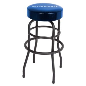 workpro w112003 garage shop stool, heavy-duty steel construction garage stool, swivel cushion seat, black powder coated legs & footrest (single pack)