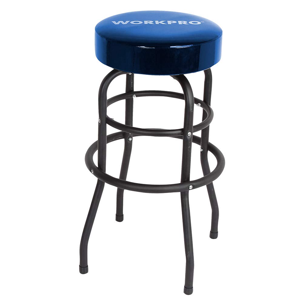 WORKPRO W112003 Garage Shop Stool, Heavy-Duty Steel Construction Garage Stool, Swivel Cushion Seat, Black Powder Coated Legs & Footrest (Single Pack)