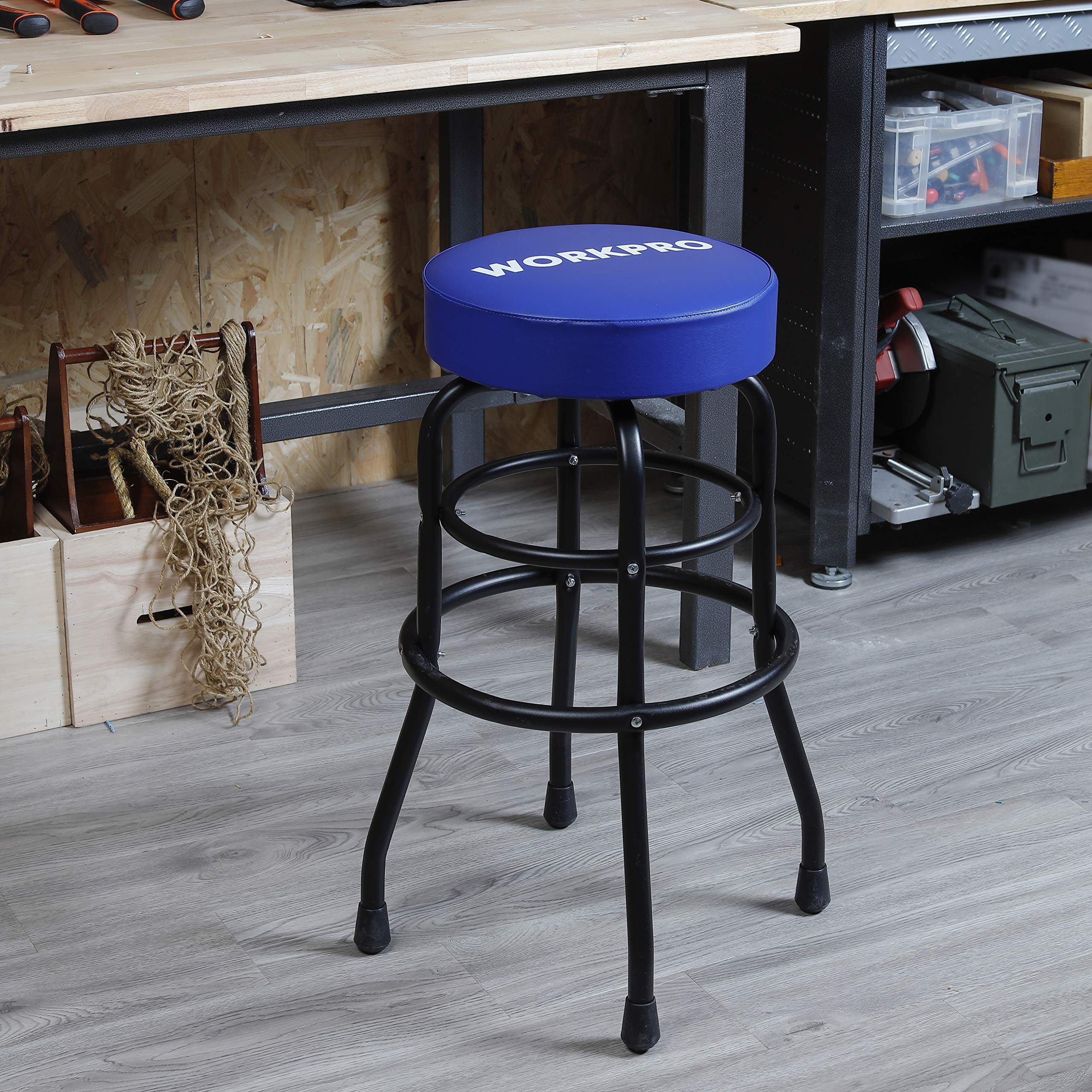 WORKPRO W112003 Garage Shop Stool, Heavy-Duty Steel Construction Garage Stool, Swivel Cushion Seat, Black Powder Coated Legs & Footrest (Single Pack)