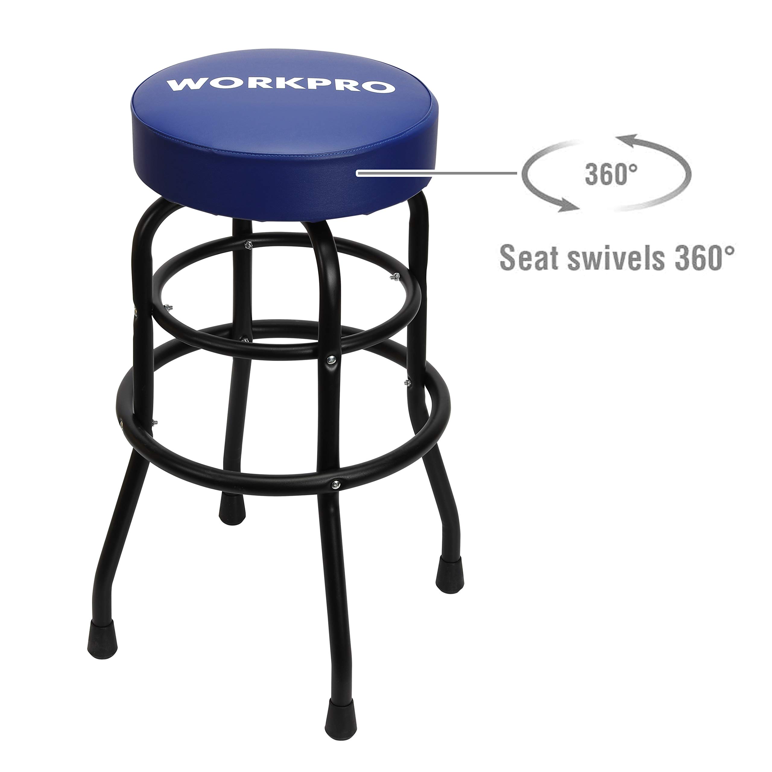 WORKPRO W112003 Garage Shop Stool, Heavy-Duty Steel Construction Garage Stool, Swivel Cushion Seat, Black Powder Coated Legs & Footrest (Single Pack)