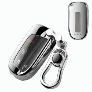 K LAKEY Jeep Key Fob Cover,Fit for Jeep Bottons Remote Key Grand Cherokee Renegade Compass Dodge Durango Journey Charger Challenger Key Fob,Smart Key Fob Soft TPU Case Shell with Alloy Keychain Silver