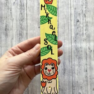 Personalized Lion Mezuzah, Hand Painted Wood Scroll Case, Jewish Hebrew Baby Naming, Birthday Nursery, Gift for Bris, Brit Milah