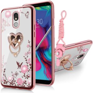 lg stylo 5 case,glitter crystal butterfly heart floral cute for girls women,stylo 5 plus/stylus 5/lg stylo 5v/lg stylo 5x case slim soft tpu clear case with ring stand for lg stylo 5 (rose gold)