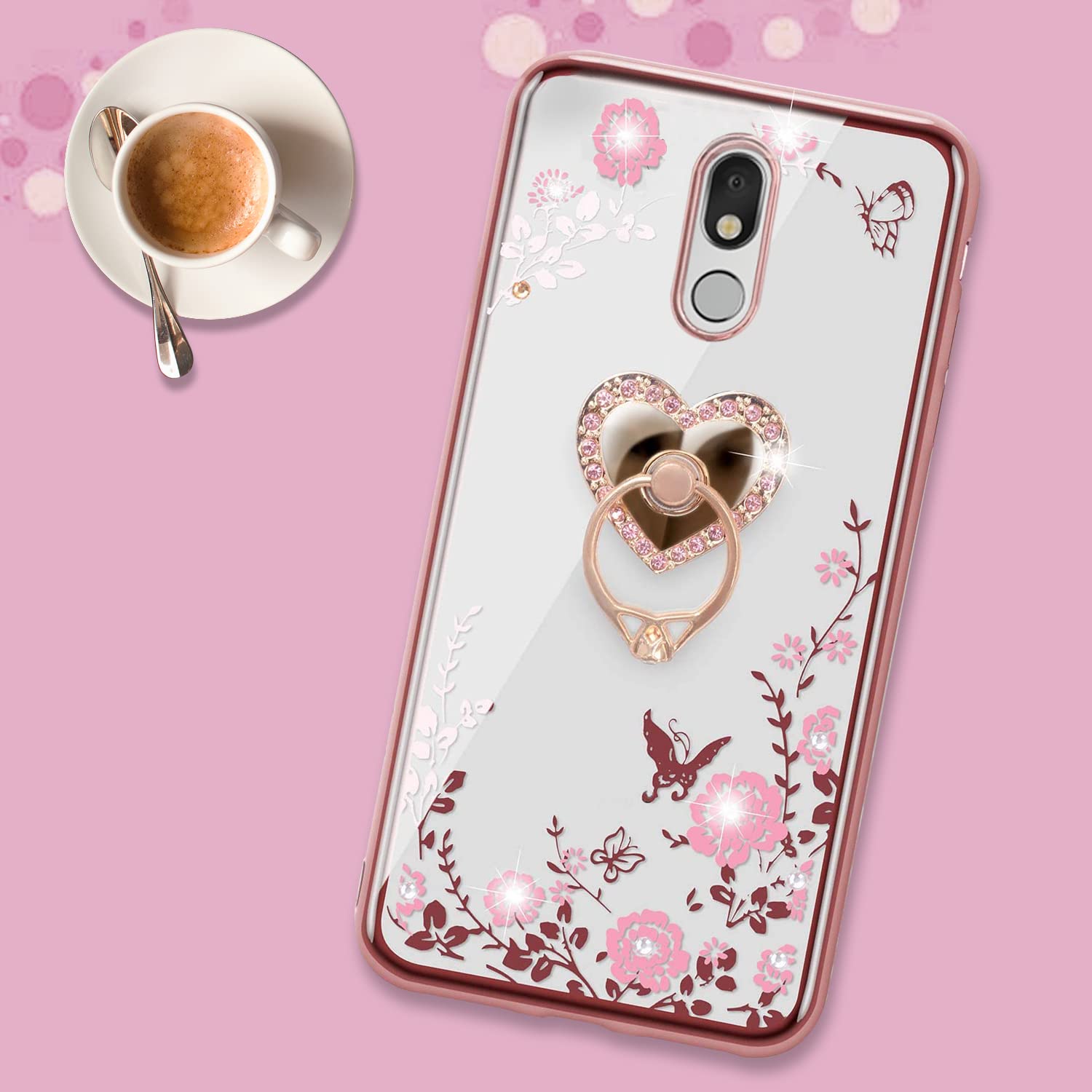 LG Stylo 5 Case,Glitter Crystal Butterfly Heart Floral Cute for Girls Women,Stylo 5 Plus/Stylus 5/LG Stylo 5V/LG Stylo 5X Case Slim Soft TPU Clear Case with Ring Stand for LG Stylo 5 (Rose Gold)