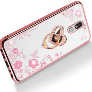 LG Stylo 5 Case,Glitter Crystal Butterfly Heart Floral Cute for Girls Women,Stylo 5 Plus/Stylus 5/LG Stylo 5V/LG Stylo 5X Case Slim Soft TPU Clear Case with Ring Stand for LG Stylo 5 (Rose Gold)