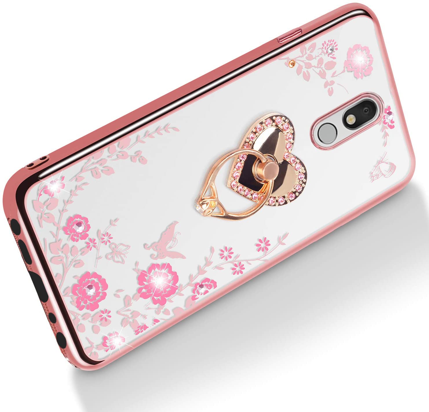 LG Stylo 5 Case,Glitter Crystal Butterfly Heart Floral Cute for Girls Women,Stylo 5 Plus/Stylus 5/LG Stylo 5V/LG Stylo 5X Case Slim Soft TPU Clear Case with Ring Stand for LG Stylo 5 (Rose Gold)