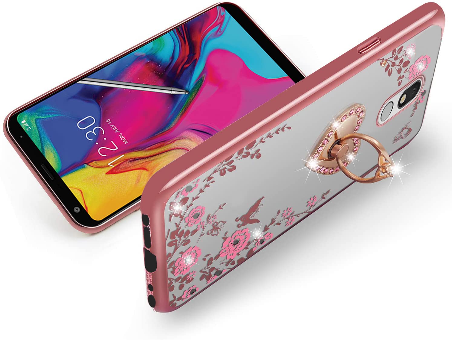 LG Stylo 5 Case,Glitter Crystal Butterfly Heart Floral Cute for Girls Women,Stylo 5 Plus/Stylus 5/LG Stylo 5V/LG Stylo 5X Case Slim Soft TPU Clear Case with Ring Stand for LG Stylo 5 (Rose Gold)