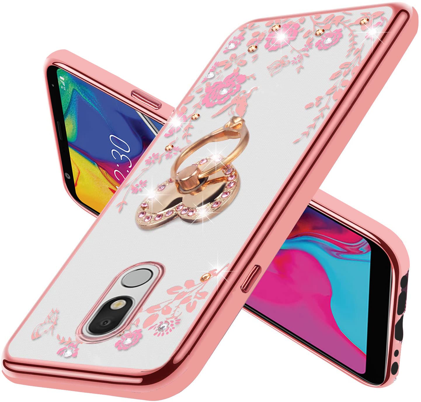 LG Stylo 5 Case,Glitter Crystal Butterfly Heart Floral Cute for Girls Women,Stylo 5 Plus/Stylus 5/LG Stylo 5V/LG Stylo 5X Case Slim Soft TPU Clear Case with Ring Stand for LG Stylo 5 (Rose Gold)