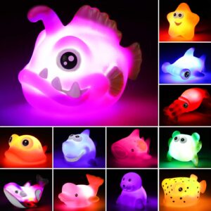 bath toys, 12 pcs light up ocean sea animal set, flashing colorful led light floating bathtub toys for baby infant kid toddler preschool, great gift for bathroom water tub games swimming pool party