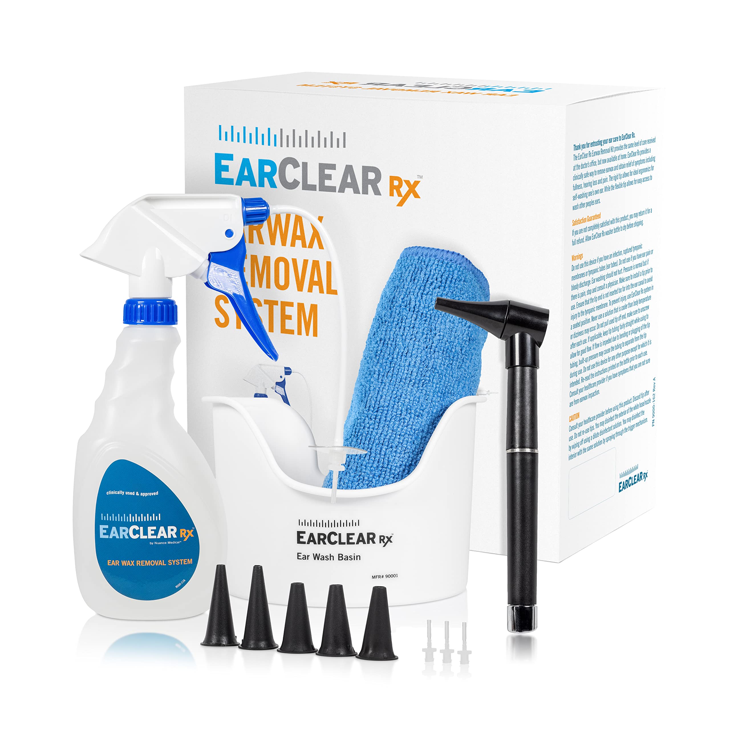 Ear Cleaning Kit by Nuance Medical EarClear Rx - Ear Wax Cleaning System for Adults & Kids- Flexible Tip Kit with Otoscope Penlight, Basin and 3 Disposable Tips and Microfiber Towel