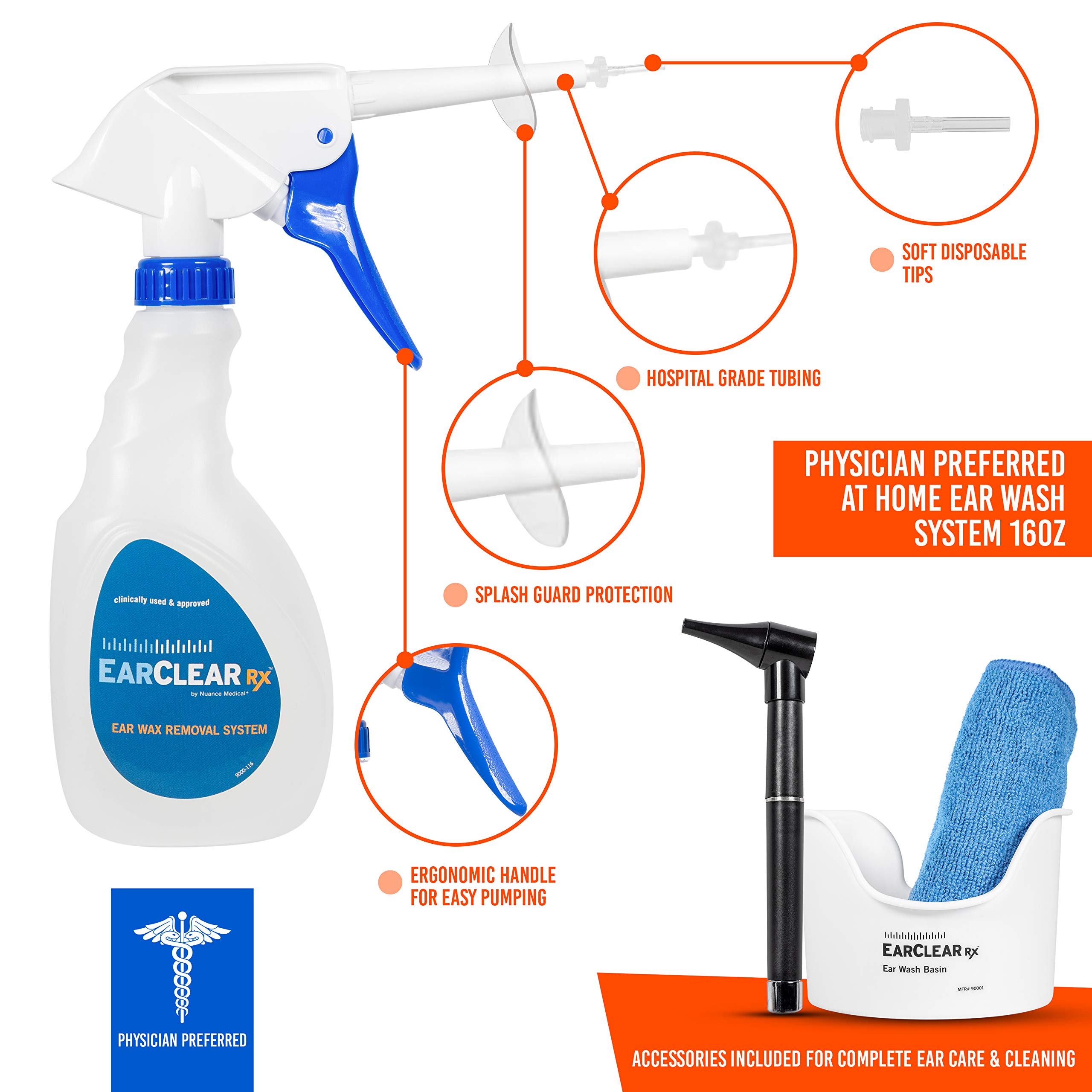 Ear Cleaning Kit by Nuance Medical EarClear Rx - Ear Wax Cleaning System for Adults & Kids- Flexible Tip Kit with Otoscope Penlight, Basin and 3 Disposable Tips and Microfiber Towel