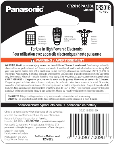 One (1) Twin Pack (2 Batteries) Panasonic Cr2016 Lithium Coin Cell Battery 3V...