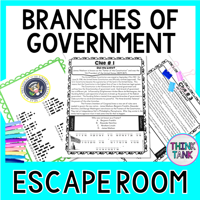 Branches of Government Escape Room - Legislative, Executive, Judicial Branch