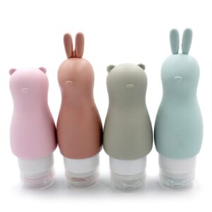 cute travel bottles, 3oz (90ml) portable cute bear and rabbit travel size bottles, leakproof soft silicone travel containers for lotions and creams, shampoo, conditioner, liquids