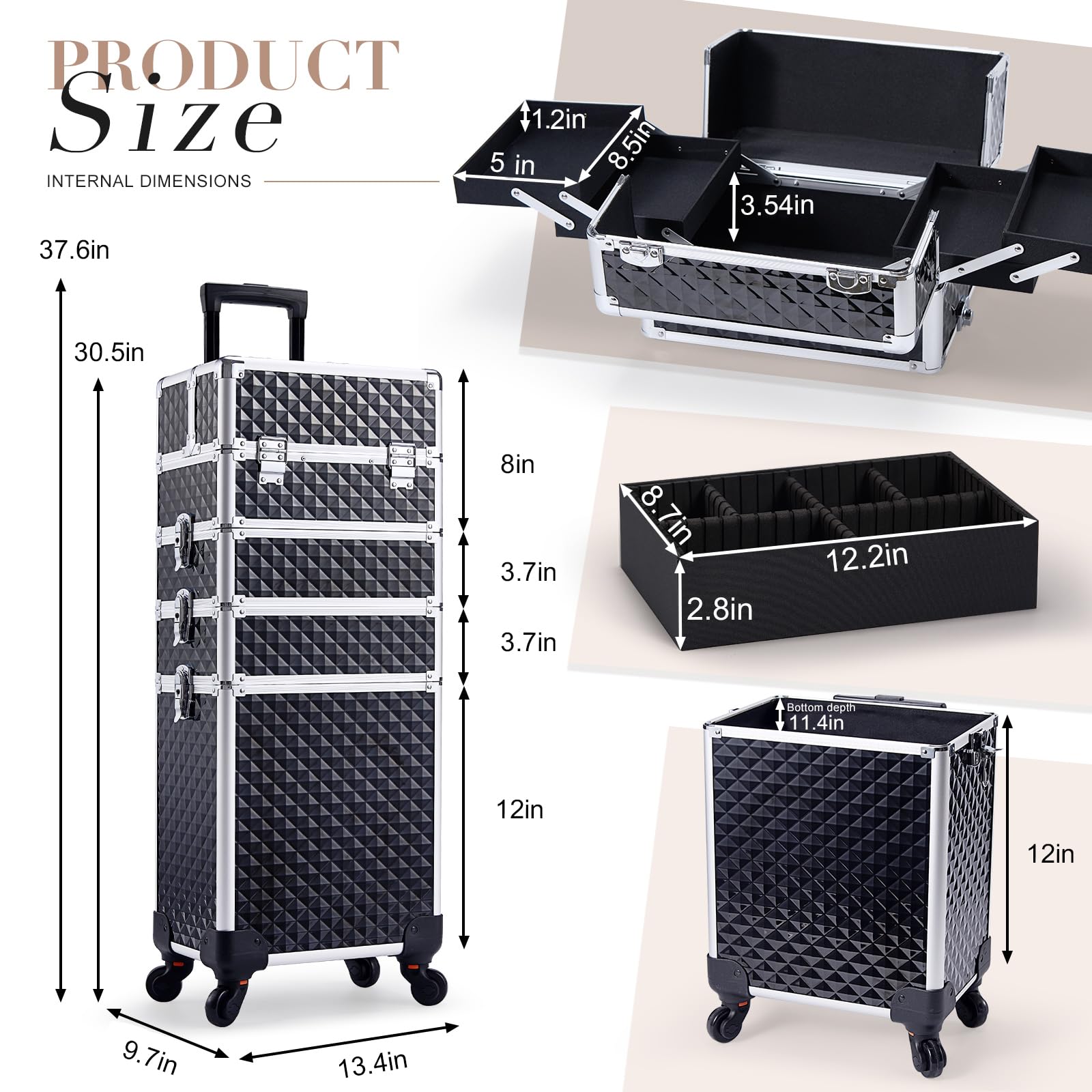 Stagiant Rolling Makeup Train Case Large Storage Cosmetic Trolley 4 in 1 Large Capacity Trolley Makeup Travel Case with Key Swivel Wheels Salon Barber Case Traveling Cart Trunk - Black