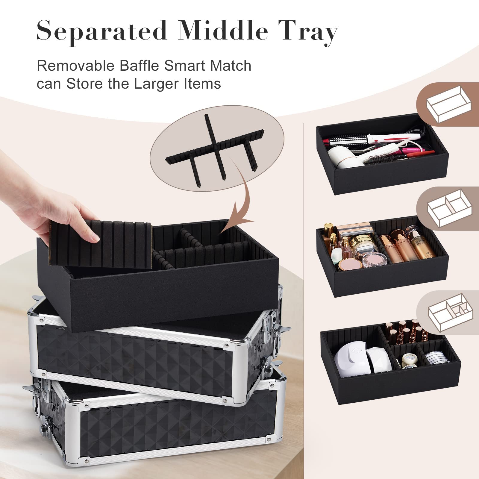 Stagiant Rolling Makeup Train Case Large Storage Cosmetic Trolley 4 in 1 Large Capacity Trolley Makeup Travel Case with Key Swivel Wheels Salon Barber Case Traveling Cart Trunk - Black