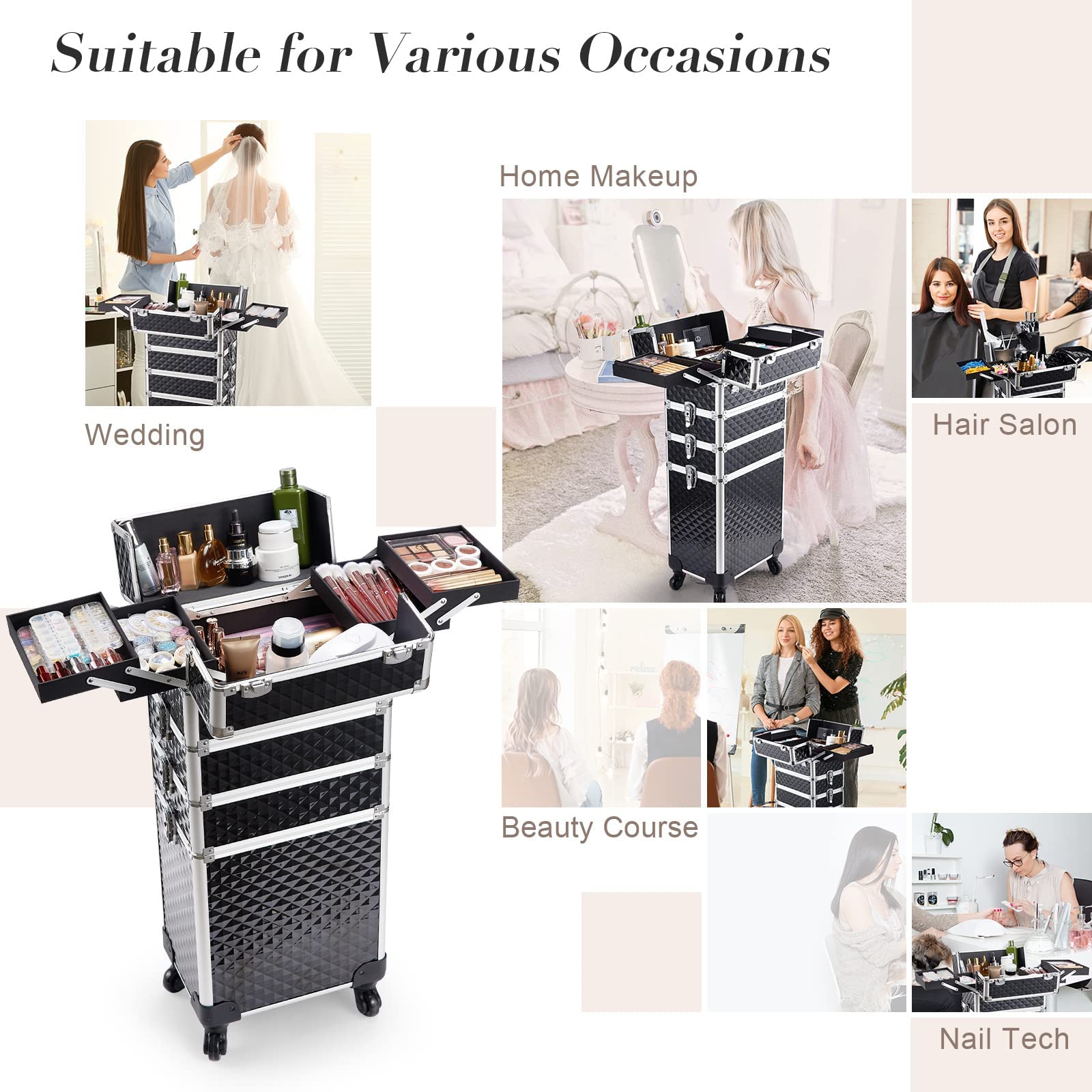 Stagiant Rolling Makeup Train Case Large Storage Cosmetic Trolley 4 in 1 Large Capacity Trolley Makeup Travel Case with Key Swivel Wheels Salon Barber Case Traveling Cart Trunk - Black