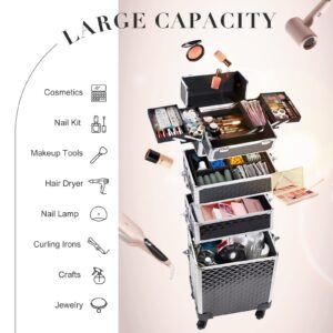 Stagiant Rolling Makeup Train Case Large Storage Cosmetic Trolley 4 in 1 Large Capacity Trolley Makeup Travel Case with Key Swivel Wheels Salon Barber Case Traveling Cart Trunk - Black