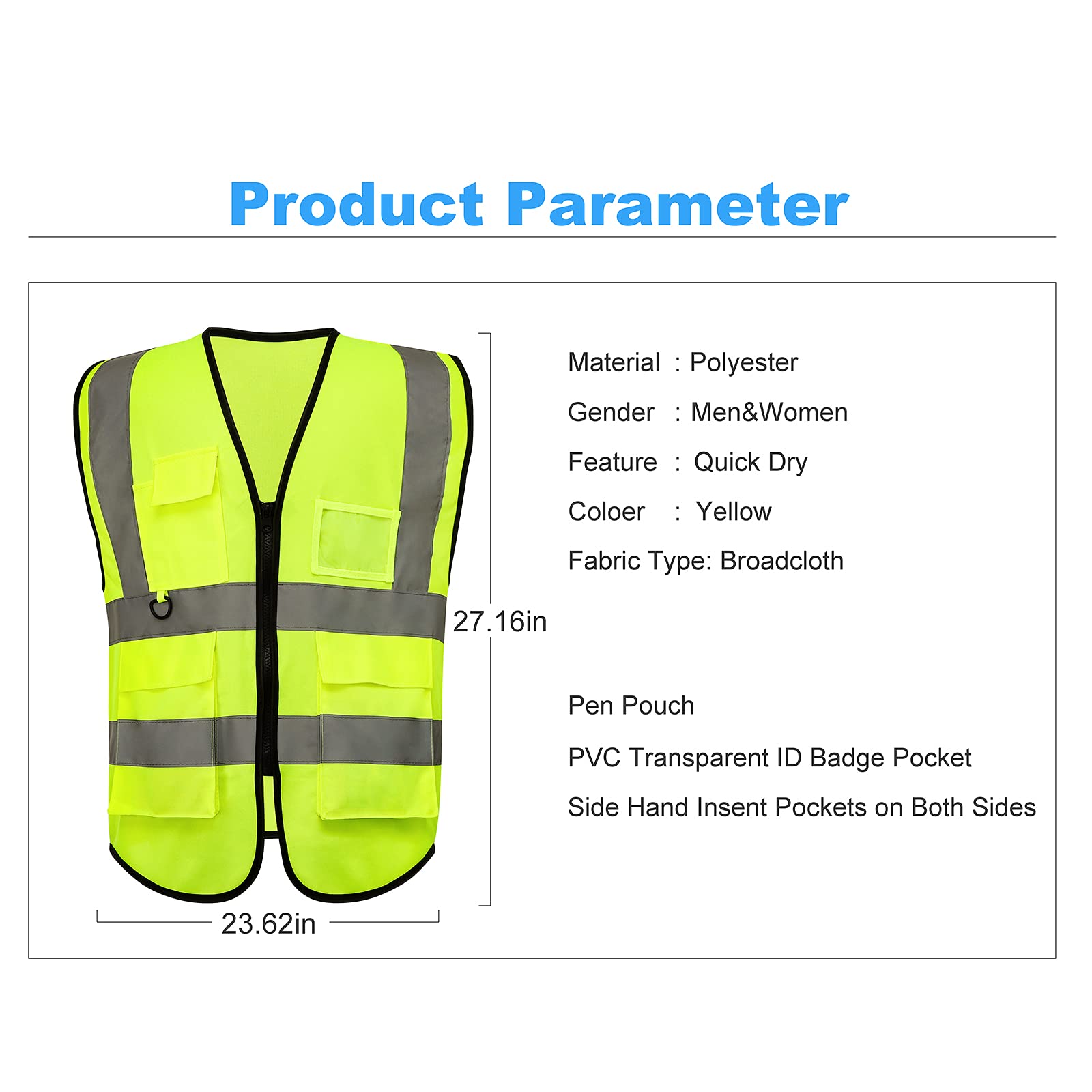 Chesson High Visibility Safety Vest, Medium Size, 2" Reflective Strips, Hi Vis Yellow Vests Multi-Pockets and Front Zipper Work Vest Perfect for Cycling, Running, Volunteer, Construction