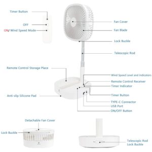 Portable Foldable Desk Table Fan, Pedestal Floor Fans with USB Rechargeable Battery Operated, Quiet Standing Fans for Home Bedroom Office Travelling Camping, White (Remote Control Included)