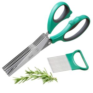herb scissors set with 5 multi stainless steel blades, safe cover and cleaning comb, multipurpose kitchen chopping shear, mincer, sharp dishwasher safe kitchen gadget, culinary cutter chopper