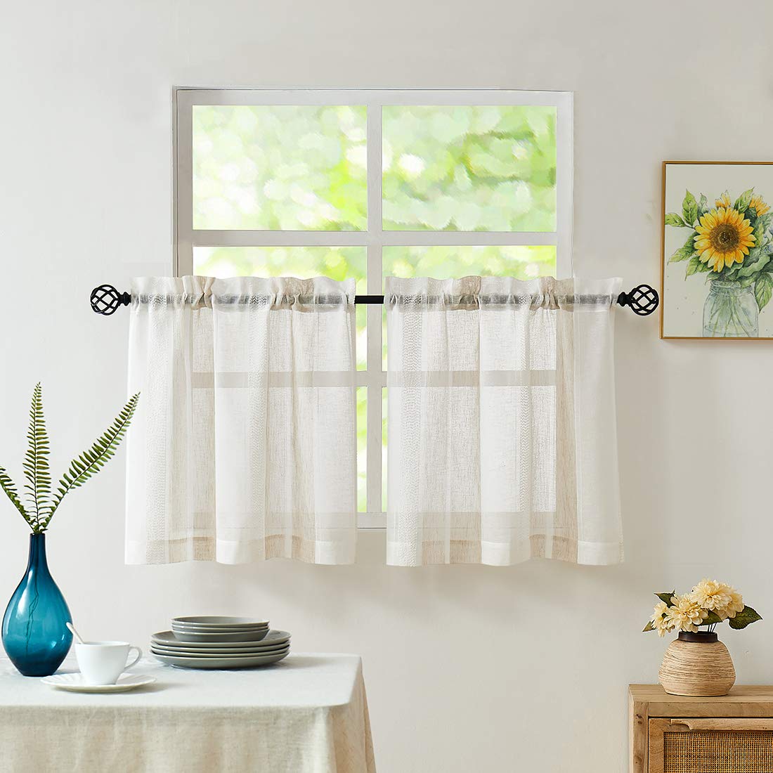 Central Park Beige and White Kitchen Window Curtain Tiers Vertical Stripe Sheer Boucle Linen Window Curtain, Living Room Decorative Rod Pocket Rustic Living 2 Panels (28" W x 45" L)