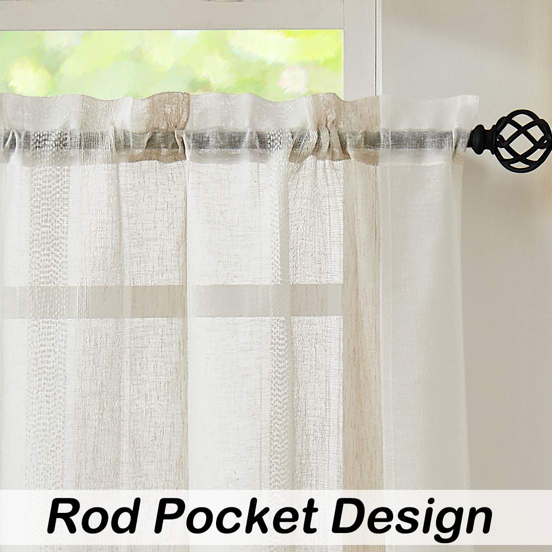 Central Park Beige and White Kitchen Window Curtain Tiers Vertical Stripe Sheer Boucle Linen Window Curtain, Living Room Decorative Rod Pocket Rustic Living 2 Panels (28" W x 45" L)