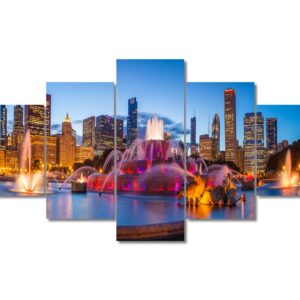 Native American Wall Decor Chicago Skyline Paintings America Cityscape Artwork Chicago Buckingham Fountain Canvas Wall Art Framed Modern Artwork Home Decorations (60" Wx32 H)