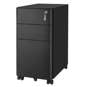 songmics file cabinet, steel filing cabinet with 3 drawer, mobile pedestal cabinet under desk, with lock, fully assembled except casters, black uofc030b01