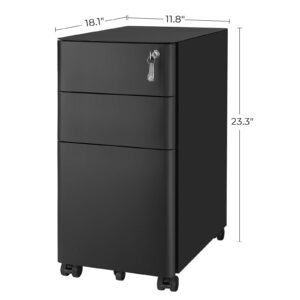 SONGMICS File Cabinet, Steel Filing Cabinet with 3 Drawer, Mobile Pedestal Cabinet Under Desk, with Lock, Fully Assembled Except Casters, Black UOFC030B01