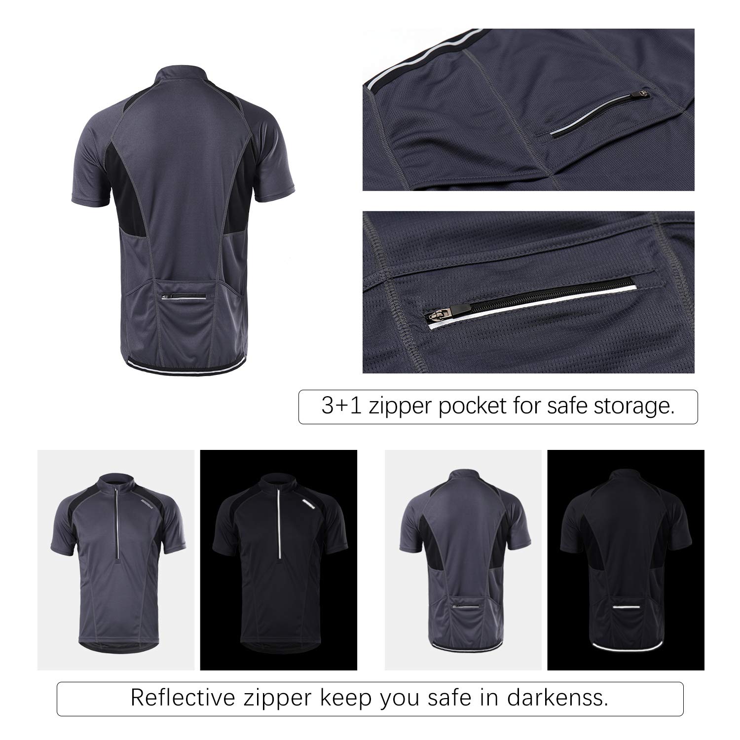 BERGRISAR Men's Half Zipper Cycling Jersey Short Sleeves Bike Bicycle Shirts with Zipper Pocket Quick-Dry Breathable BG060 Grey M