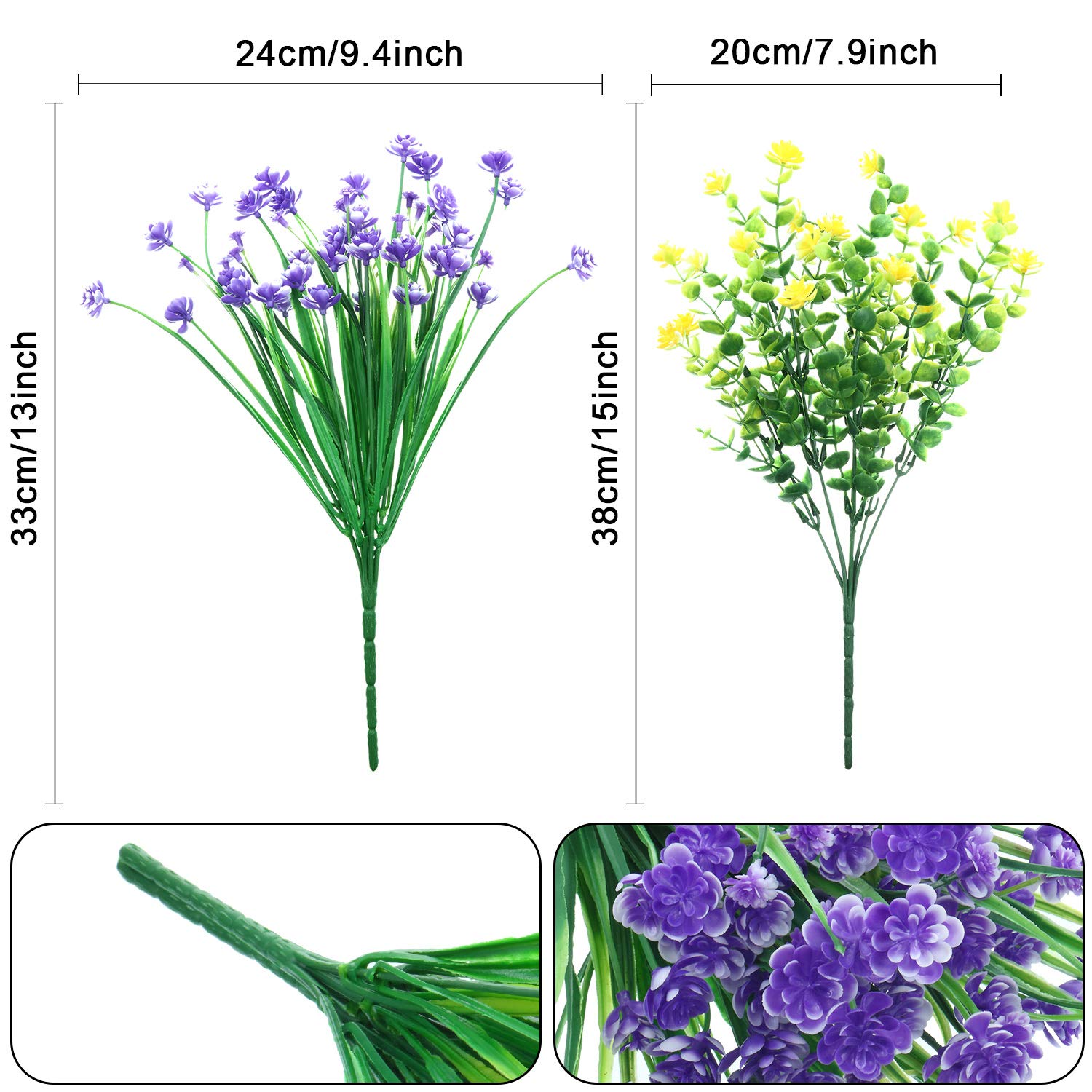 WILLBOND 12 Bundles Artificial Flowers Outdoor, UV Resistant Faux Artificial Plants Shrubs Plastic Flower Bulk for Hanging Planter Porch Window Home Wedding Fall Summer Decor (Yellow, Purple, White)