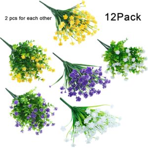 WILLBOND 12 Bundles Artificial Flowers Outdoor, UV Resistant Faux Artificial Plants Shrubs Plastic Flower Bulk for Hanging Planter Porch Window Home Wedding Fall Summer Decor (Yellow, Purple, White)