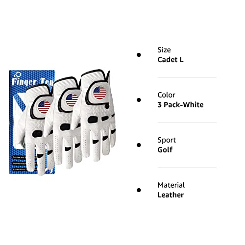 Golf Gloves Men Left Hand Right Handed Golfer 3 Pack with Ball Marker Soft Leather Weathersof Grip Mens Glove Size S M ML L XL XXL 3XL (3 Pack-White, Cadet L, Worn on Left Hand(Right Handed Golfer))