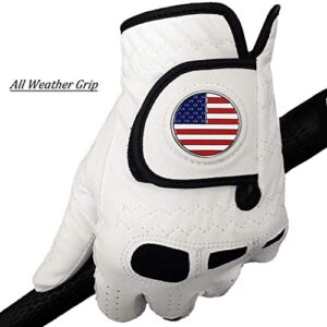 Golf Gloves Men Left Hand Right Handed Golfer 3 Pack with Ball Marker Soft Leather Weathersof Grip Mens Glove Size S M ML L XL XXL 3XL (3 Pack-White, Cadet L, Worn on Left Hand(Right Handed Golfer))