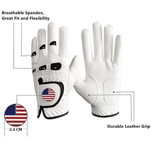 Golf Gloves Men Left Hand Right Handed Golfer 3 Pack with Ball Marker Soft Leather Weathersof Grip Mens Glove Size S M ML L XL XXL 3XL (3 Pack-White, Cadet L, Worn on Left Hand(Right Handed Golfer))