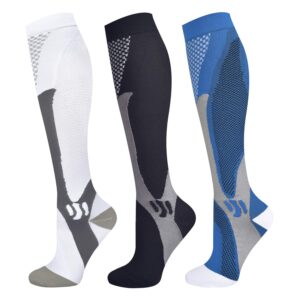 blahhey 3 pairs compression socks for women & men 15-25 mmhg comfortable fit athletic knee high compression socks for nurses sport running travel (l/xl)