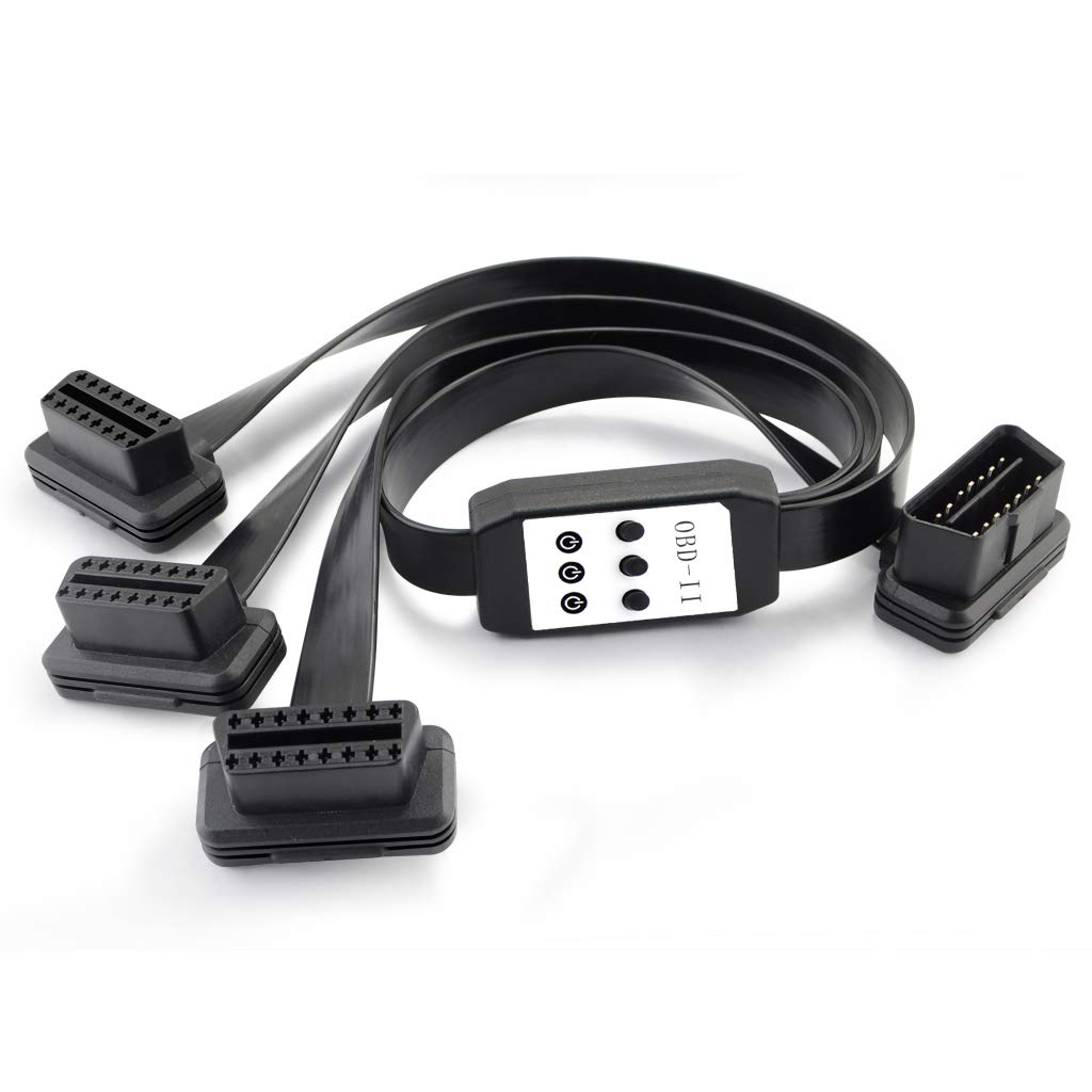 OLLGEN 50cm 3 Way OBDii OBD2 Splitter Cable Ultra Low Profile 16 Pin OBD Male to Female Car Diagnostic Extension Cable with Individually Power Switch Black