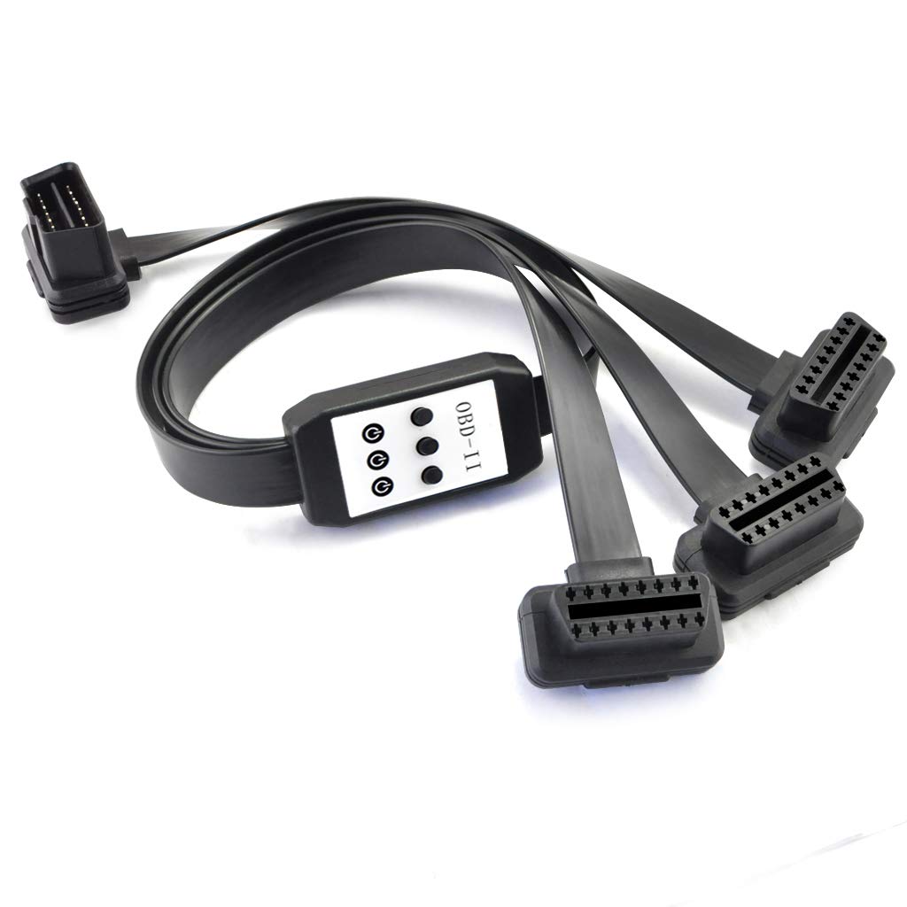 OLLGEN 50cm 3 Way OBDii OBD2 Splitter Cable Ultra Low Profile 16 Pin OBD Male to Female Car Diagnostic Extension Cable with Individually Power Switch Black