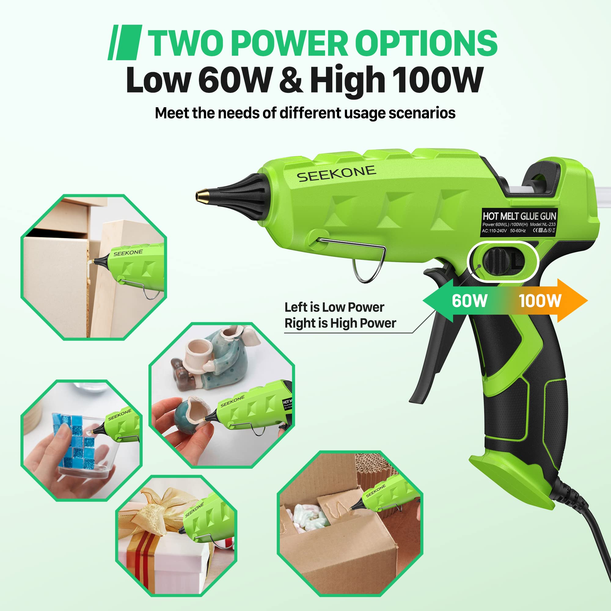 SEEKONE Full Size Hot Glue Gun, 60/100W Dual Power Large Glue Gun with 20 Pcs Premium Glue Sticks,High Temp Heavy Duty Industrial Glue Gun Kit for Quick Home Repairs, Arts, Crafts, DIY, Sealing