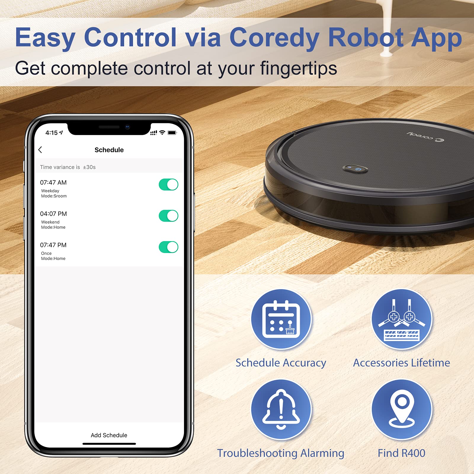 Coredy R400 Robot Vacuum Cleaner, Personalized Customize Robotic Vacuums Skin, 2000Pa Suction, Works with Alexa, Wi-Fi Connected, Auto Boost Intellect, Quiet Self-Charging Vacuum Robot for Pet Hairs